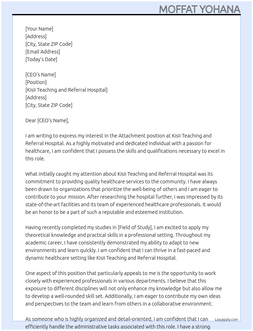 Attachment  At Kisii teaching and referral hospital  Cover Letter