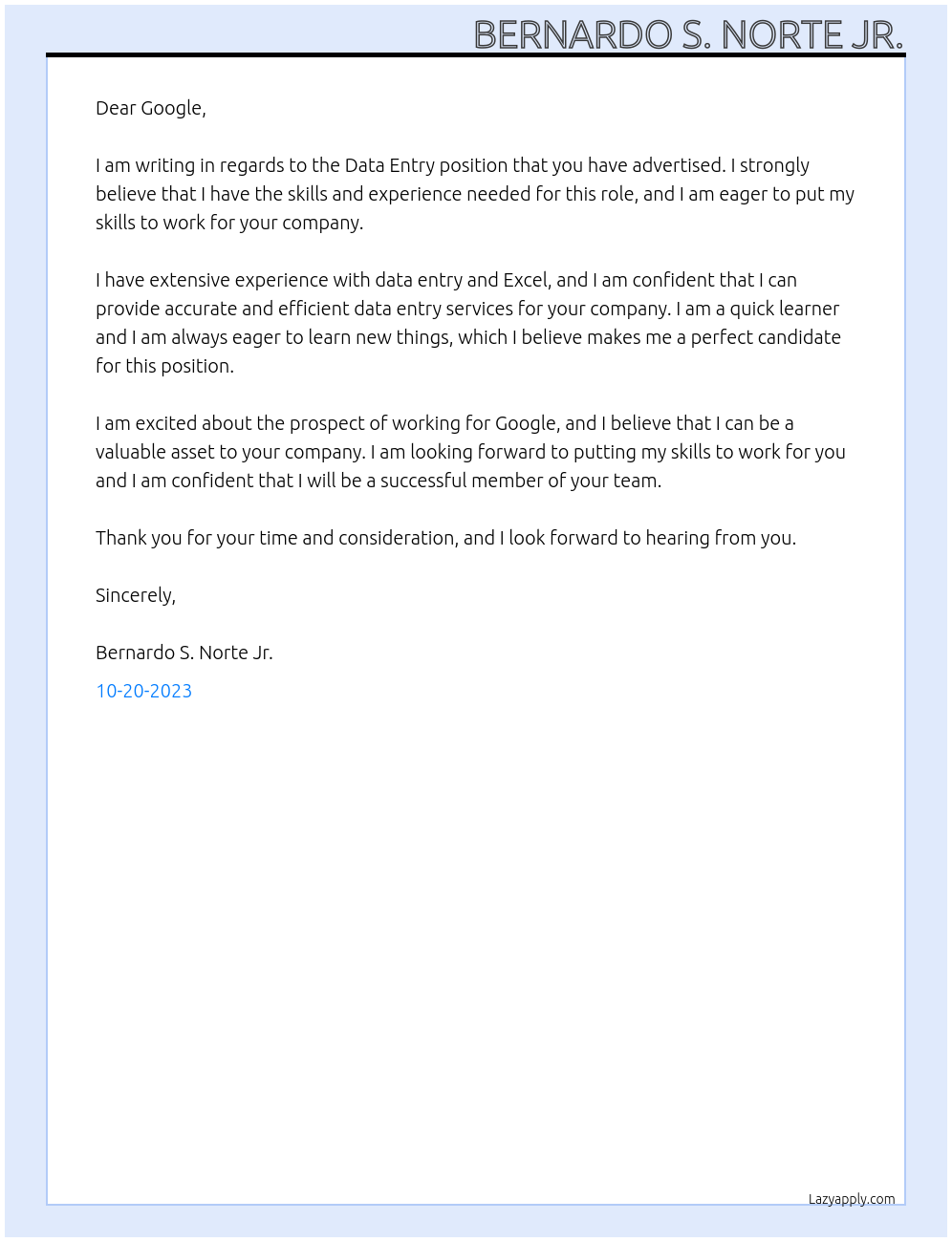 Data Entry At google.com Cover Letter