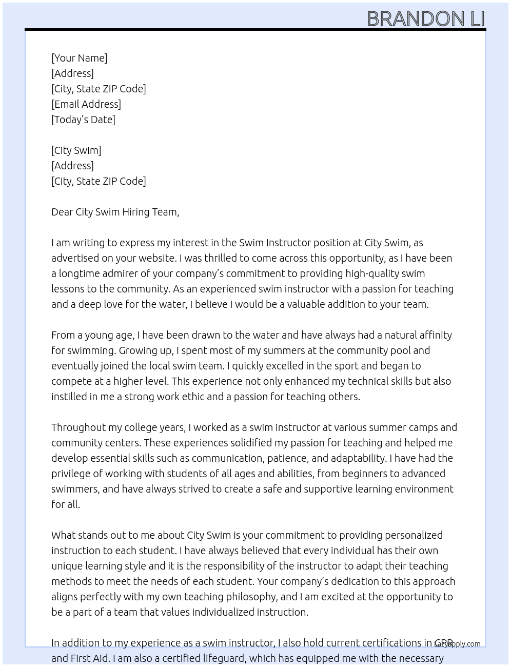 Swim Instructor At City Swim Cover Letter