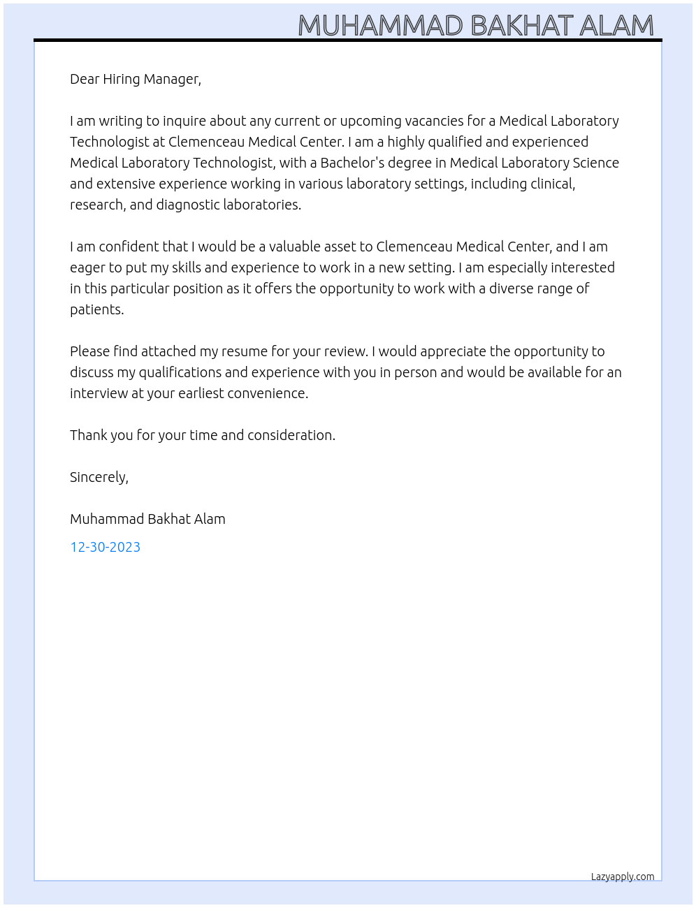 medical laboratory technologist At Clemenceau Medical Center Cover Letter