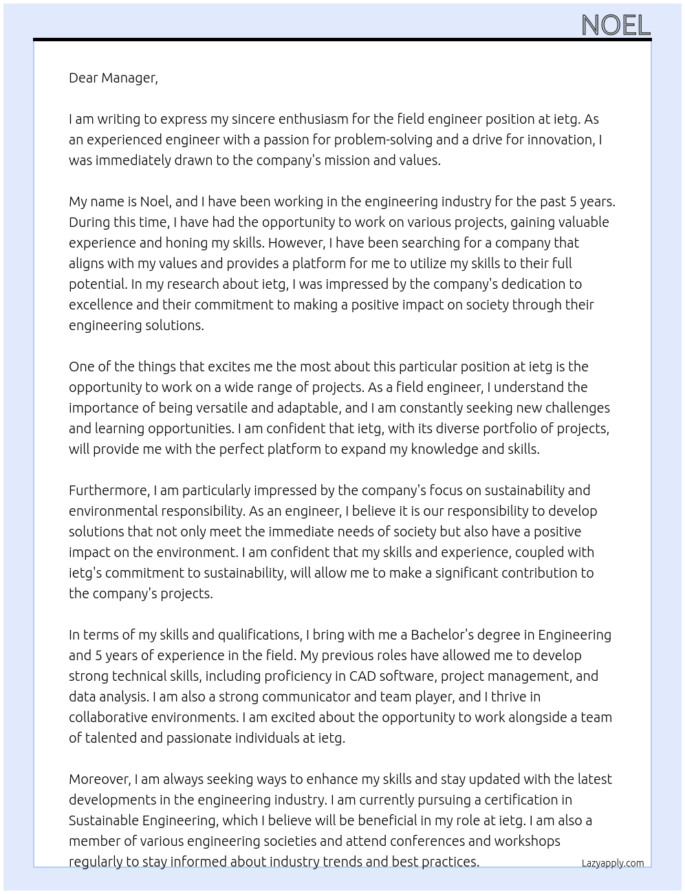 field engineer At ietg Cover Letter