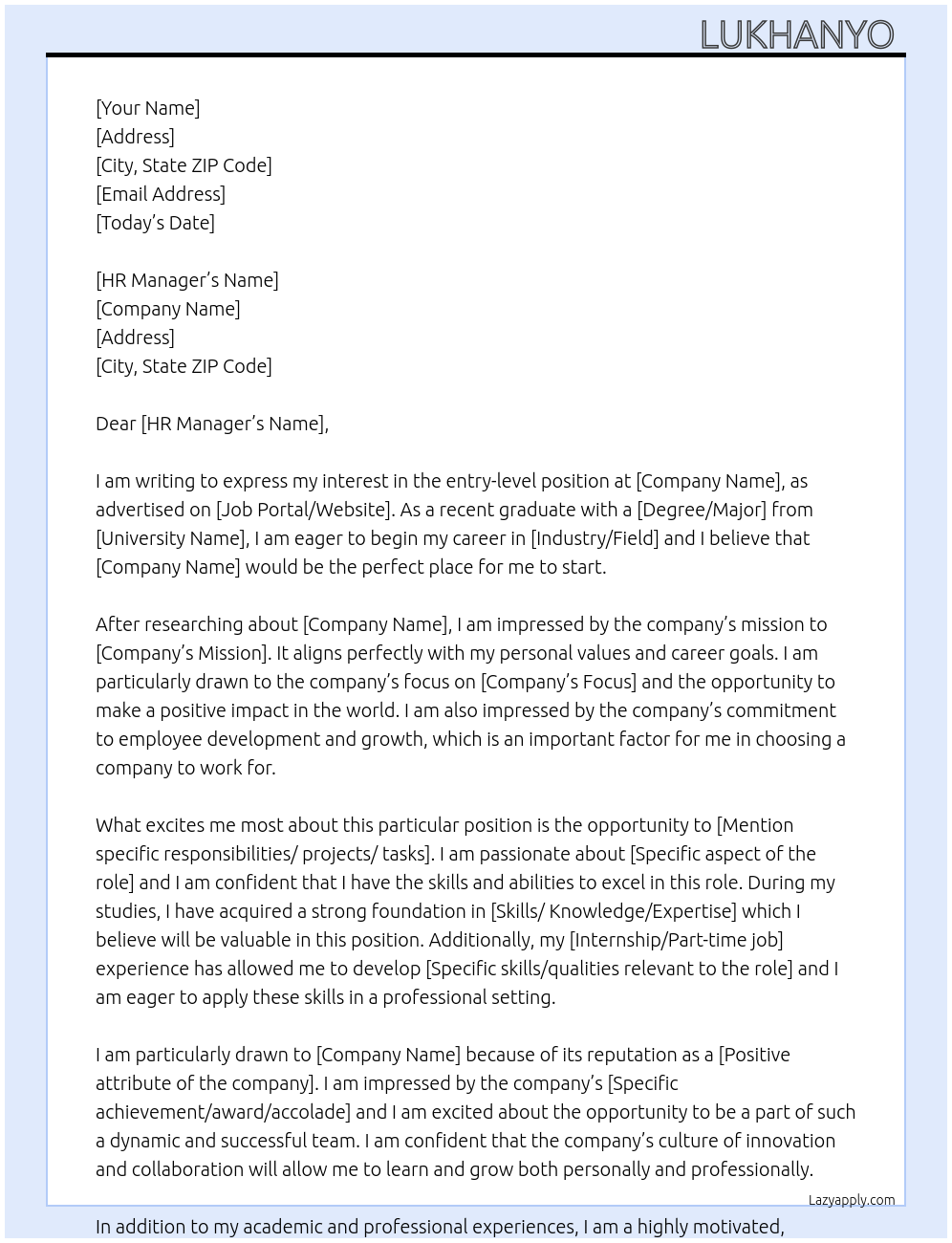 Entry  level At Entry level job Cover Letter