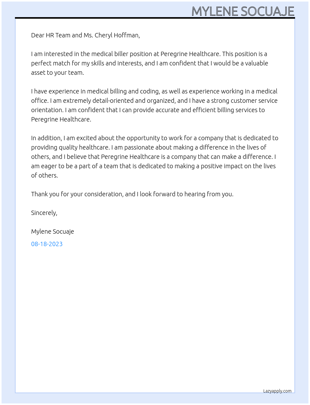 Medical biller At Peregrine Healthcare  Cover Letter