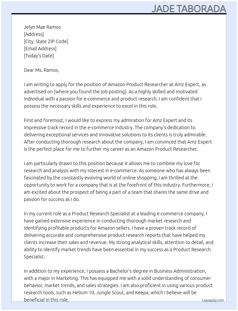 Amazon Product Researcher At Amz Expert Cover Letter