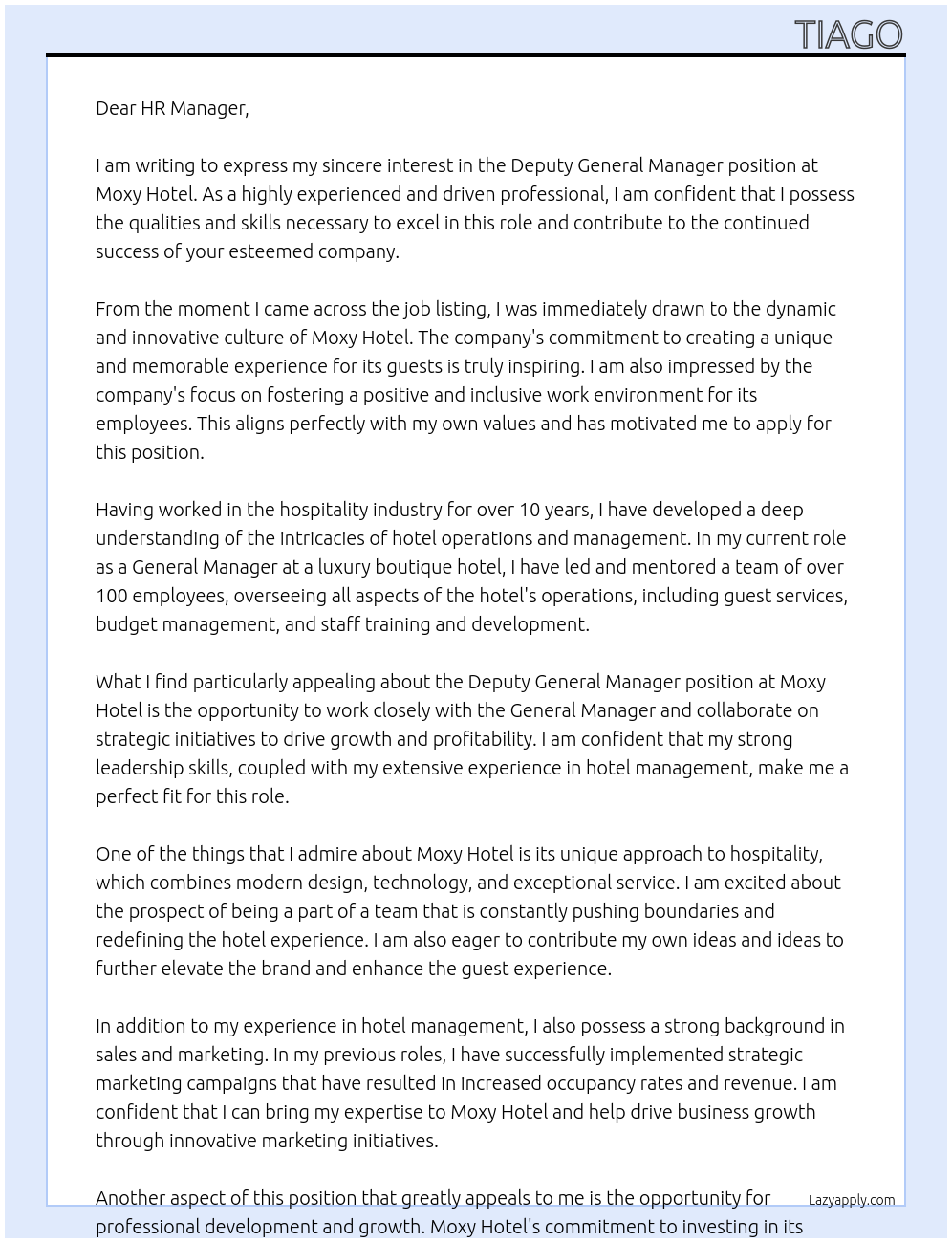 Deputy General Manager At Moxy Hotel Cover Letter