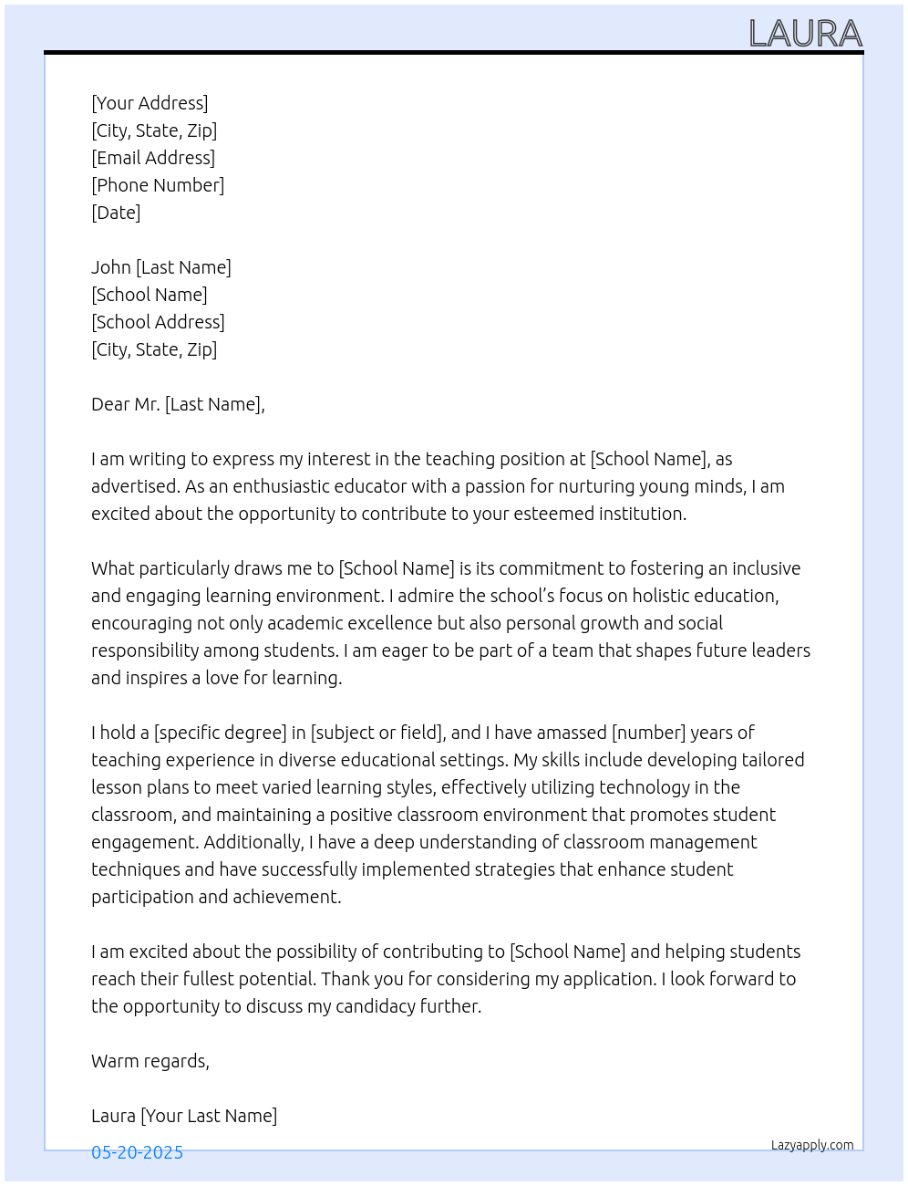 teacher At school Cover Letter