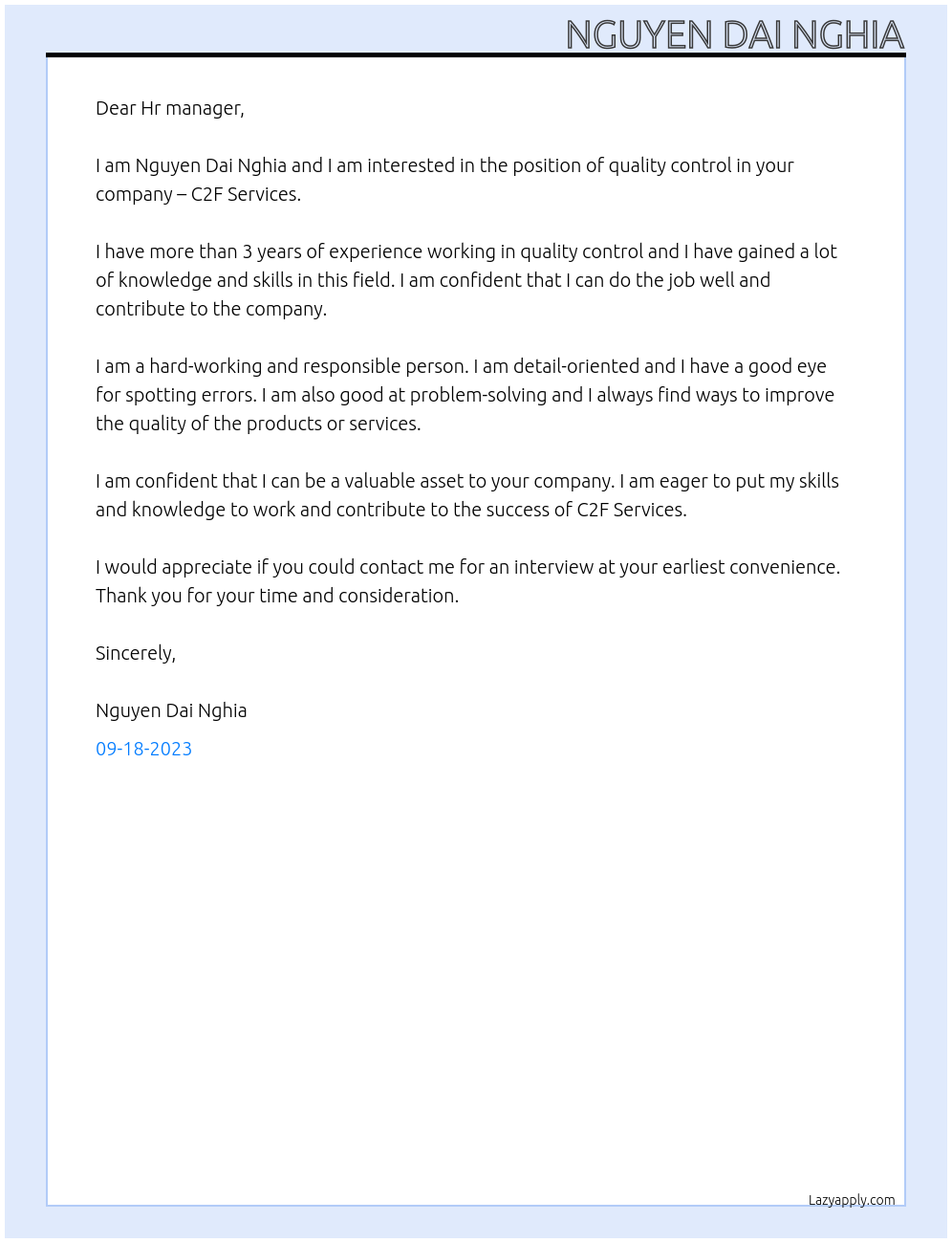 quality control At C2F Services Cover Letter