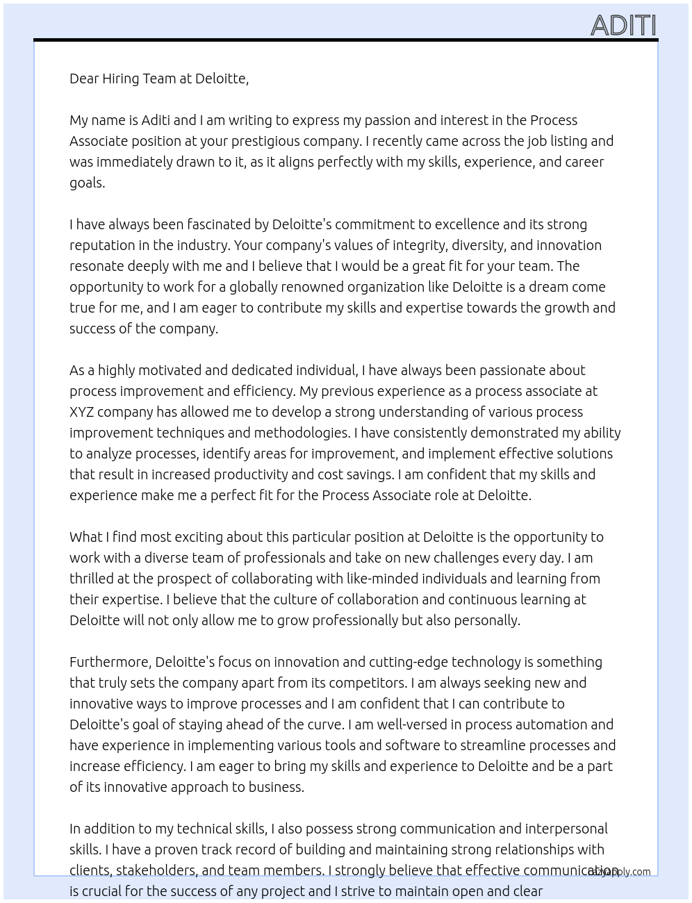 process associate At Deloitte Cover Letter