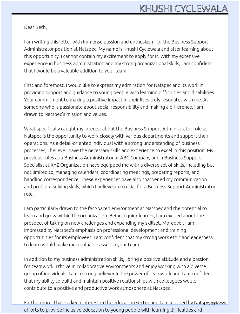 Business Support Administrator At Natspec Cover Letter