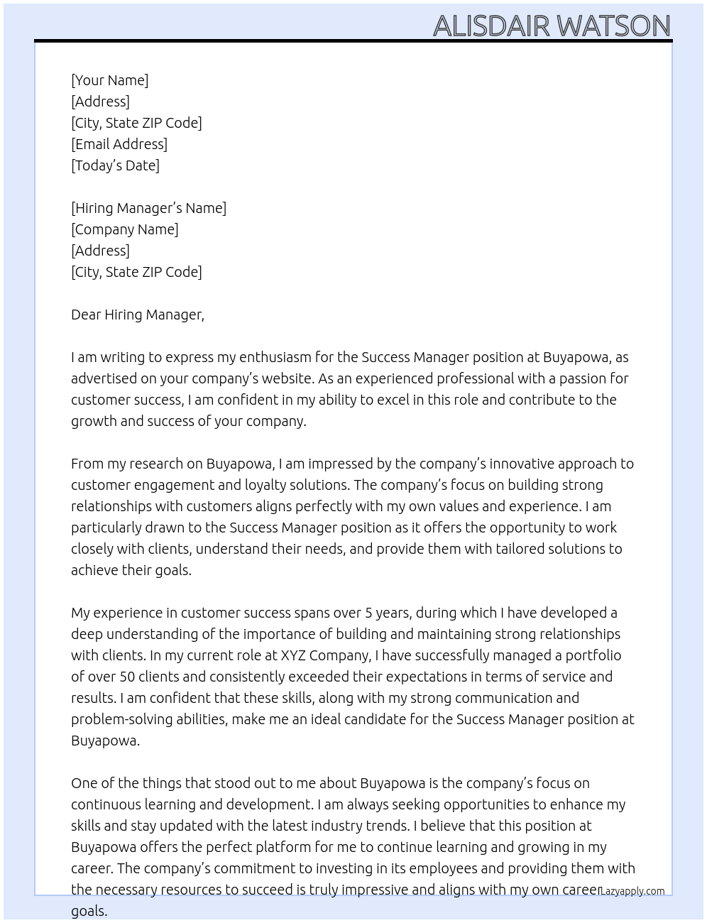 Success Manager At Buyapowa Cover Letter