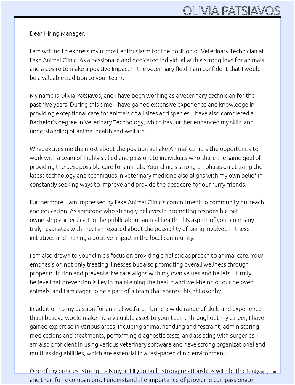 veterinary technician At Fake Animal Clinic  Cover Letter