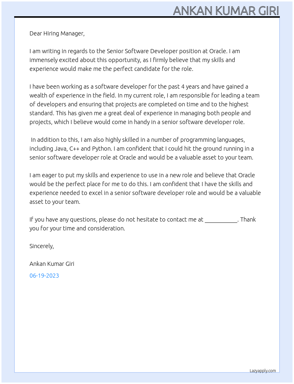 Senior Software Developer At Oracle Cover Letter