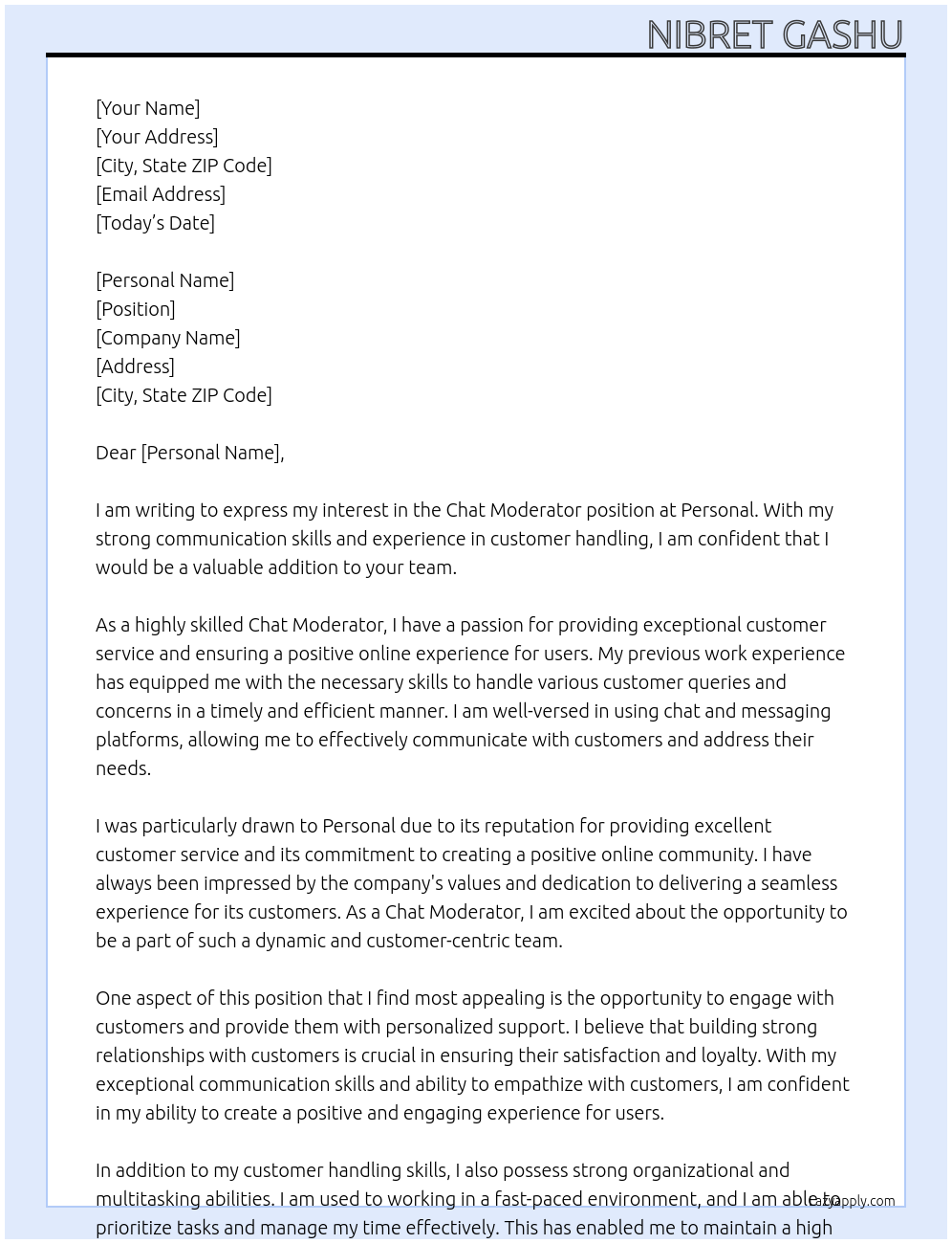 Chat Moderator At Personal Cover Letter