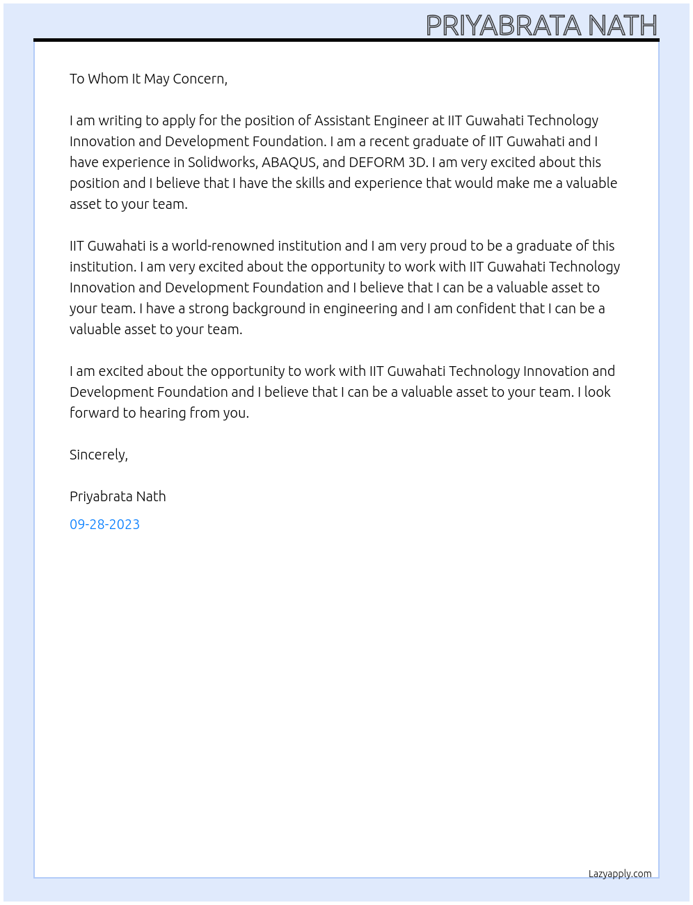 Assistant Engineer At IIT Guwahati Technology Innovation and Development Foundation Cover Letter