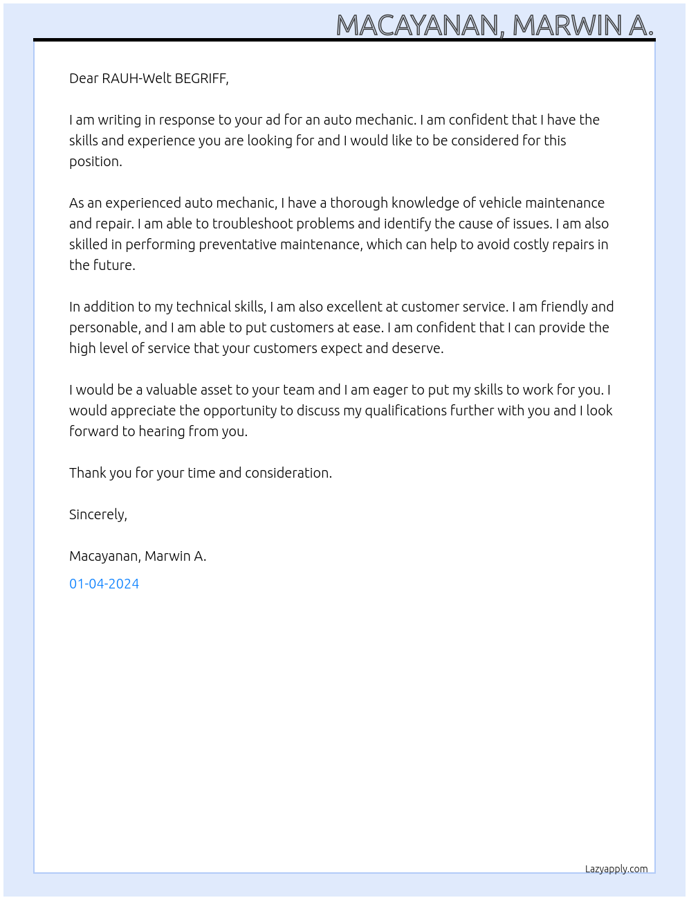 Auto mechanic At RAUH-Welt BEGRIFF Cover Letter