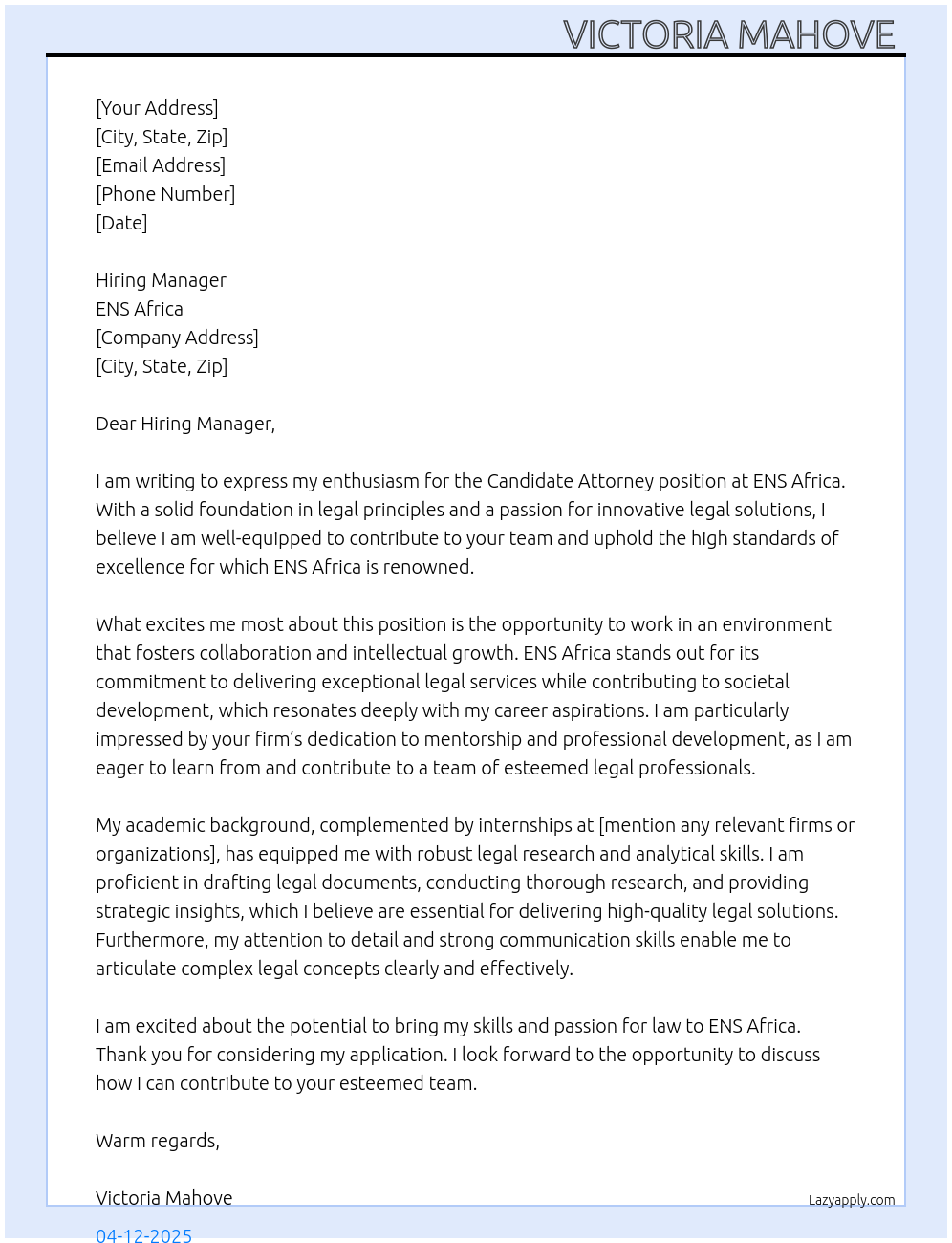 candidate attorney At ENS Africa Cover Letter