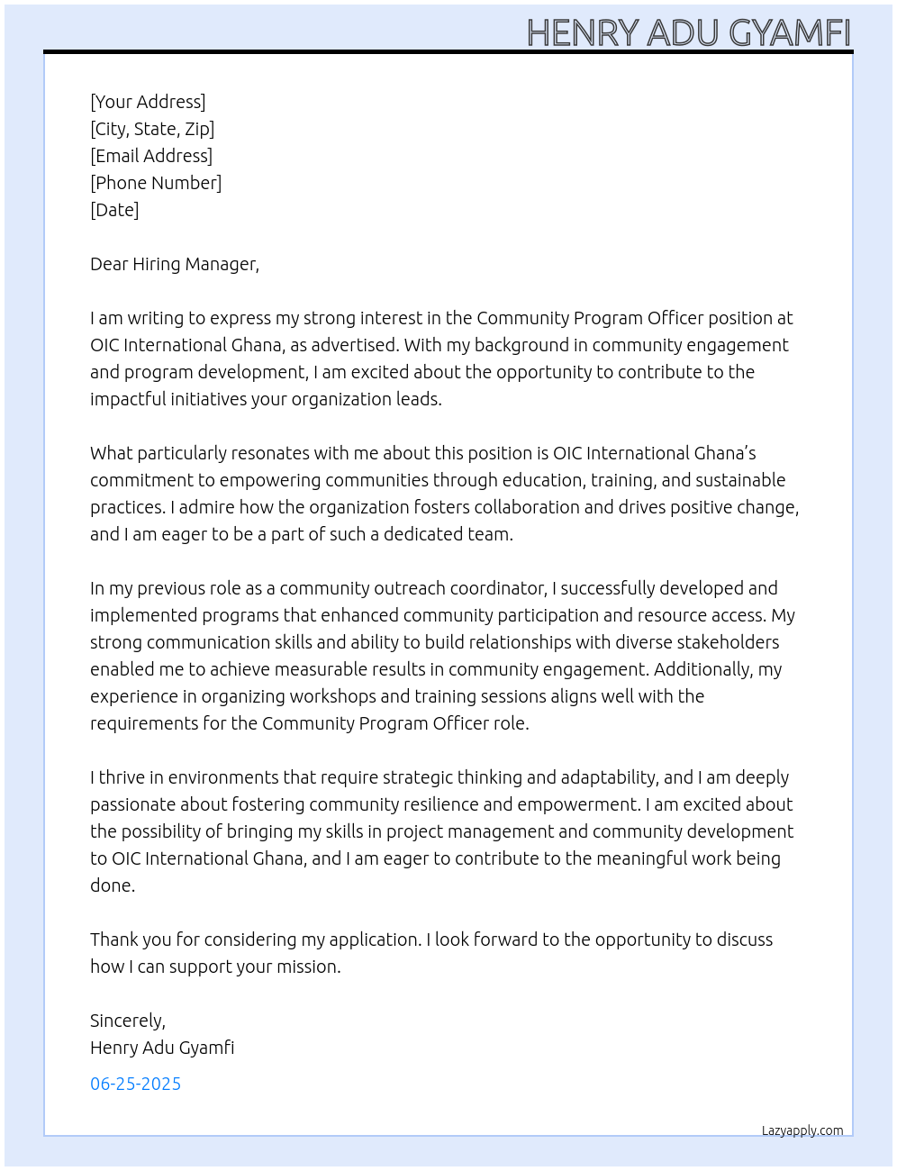 Cover letter for community program officer - LazyApply
