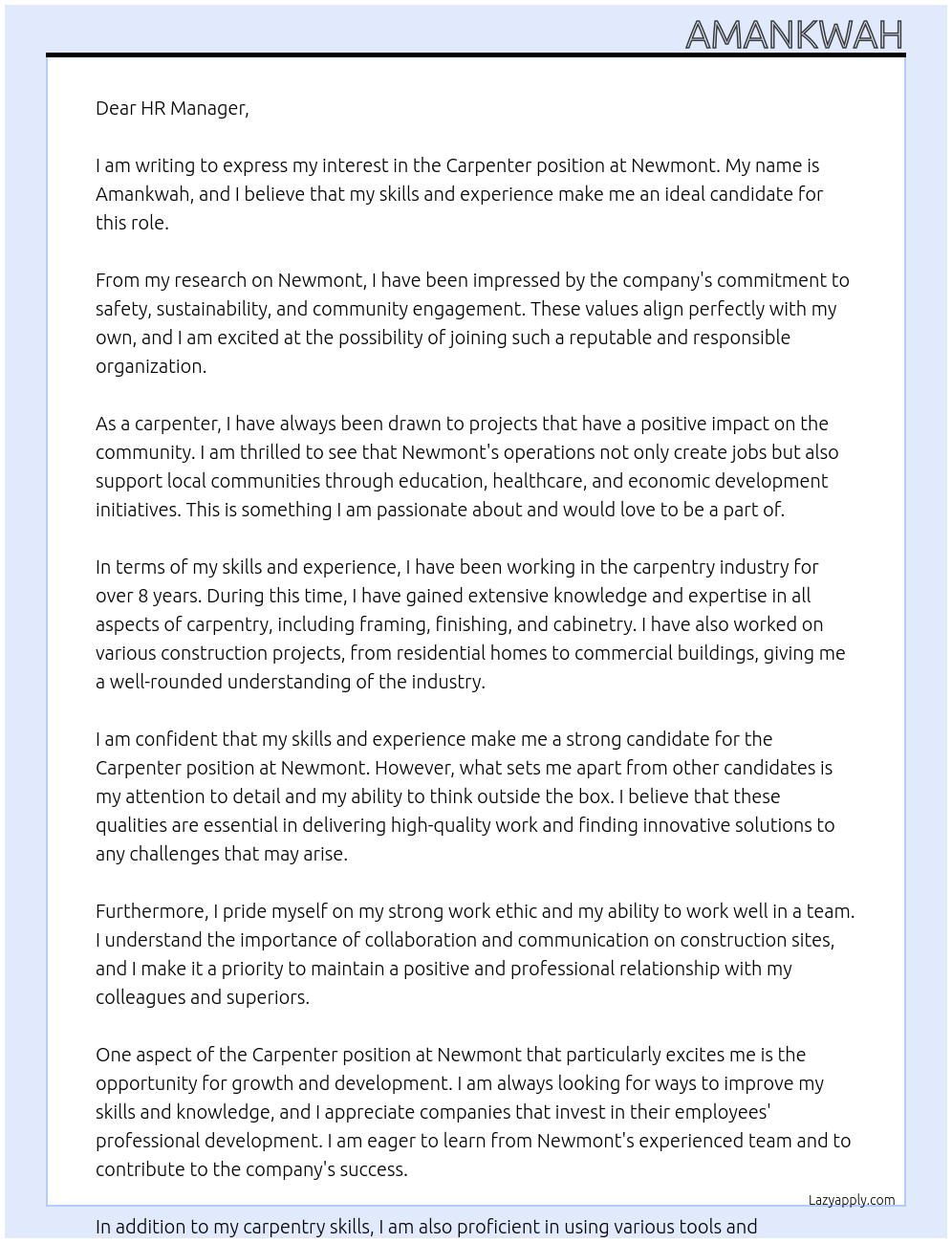 carpenter At newmont Cover Letter