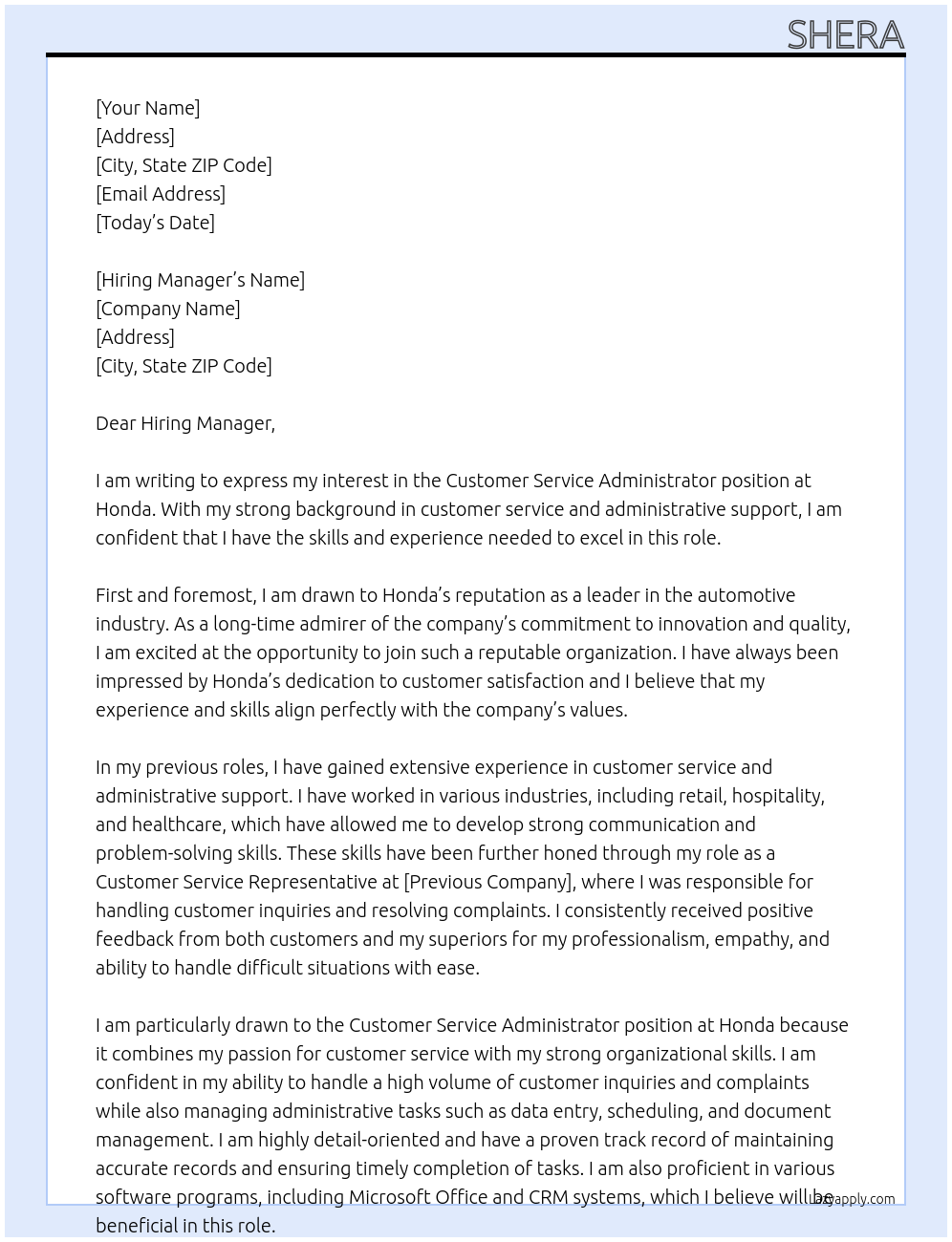 Customer Service Administrator At Honda Cover Letter