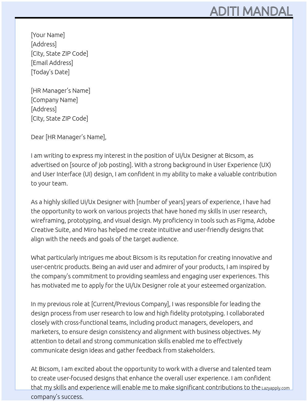 Cover letter for ui/ux designer - LazyApply