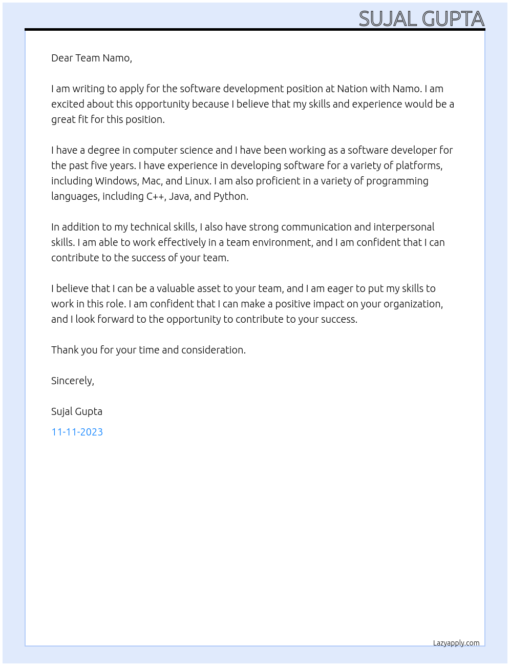 software development At Nation with Namo Cover Letter