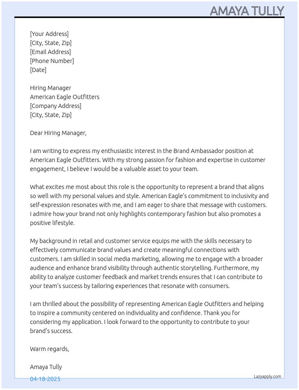 Brand Ambassador At American Eagle Outfitters Cover Letter