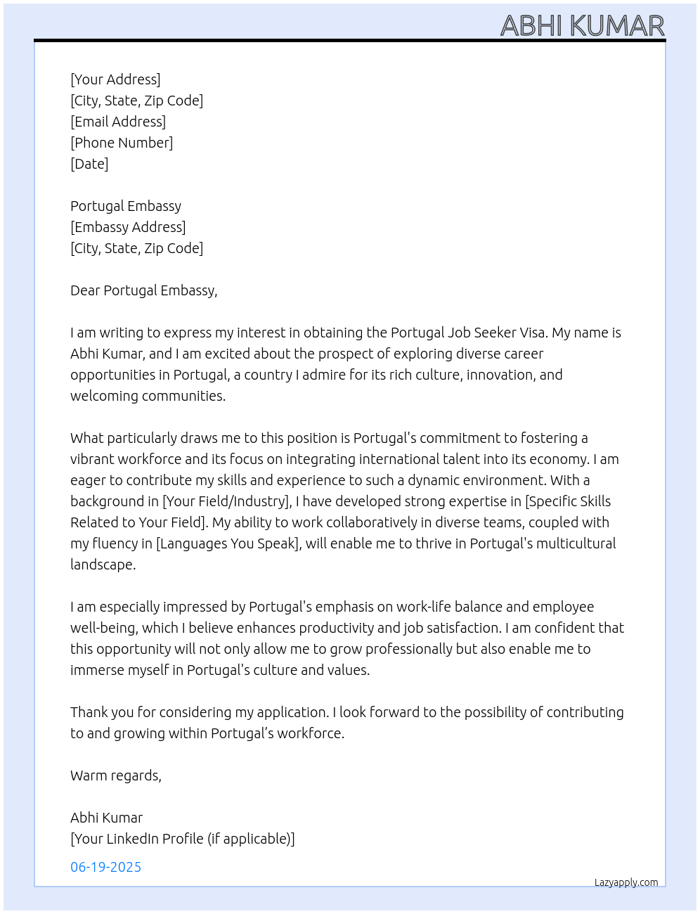 Cover letter for portugal job seeker visa - LazyApply