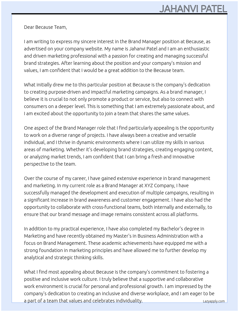 Brand Manager At Because Cover Letter
