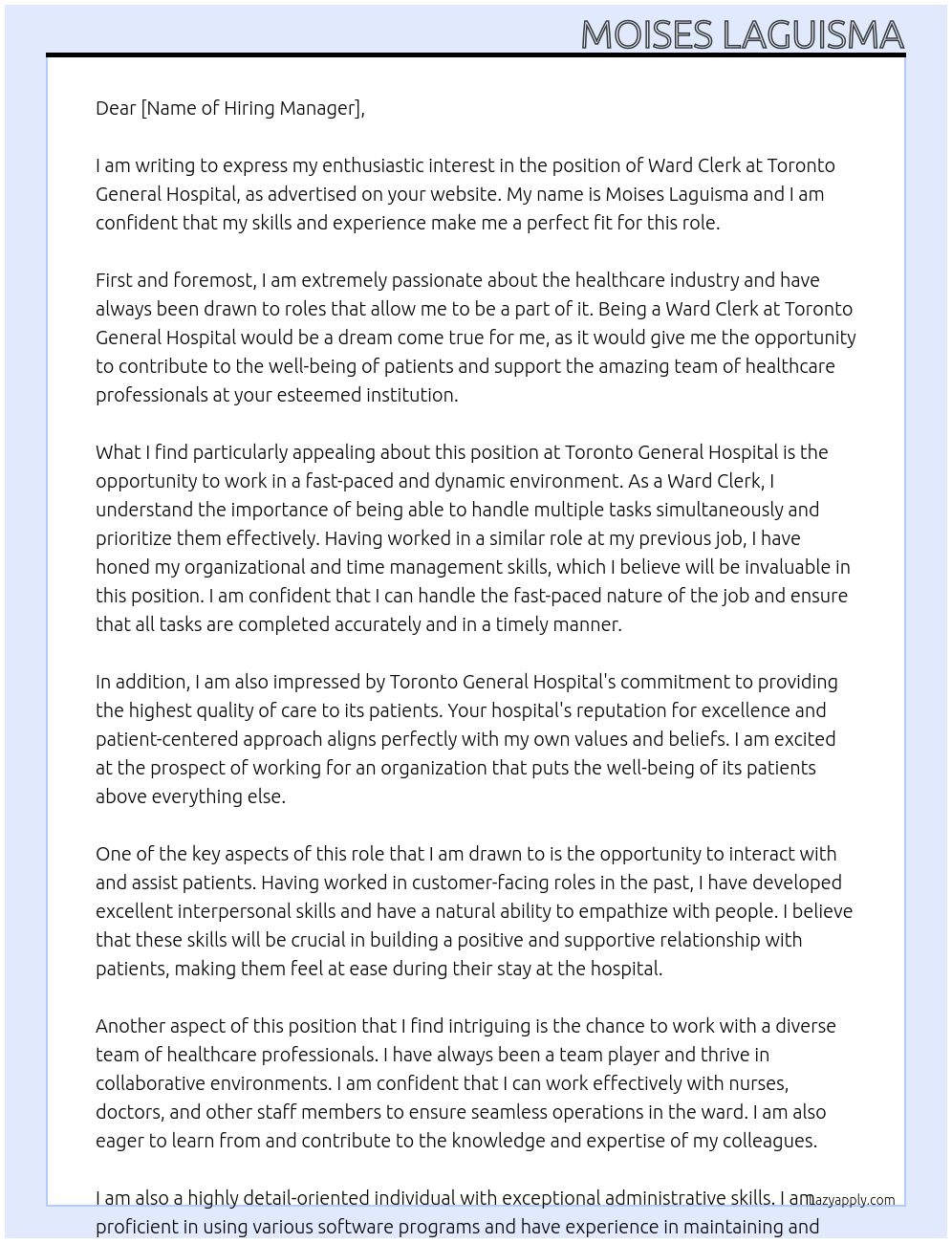 Ward Clerk At Toronto General Hospital Cover Letter