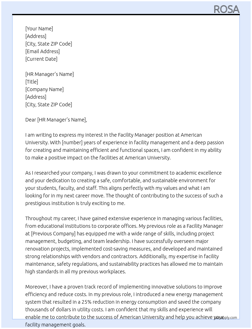 Facility Manager At AMERICAN UNIVERSITY Cover Letter