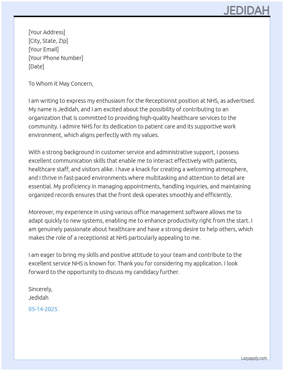 receptionist  At NHS Cover Letter