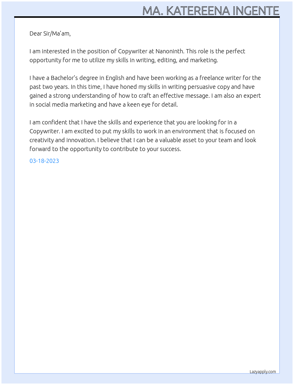 Copywriter At Nanoninth Cover Letter
