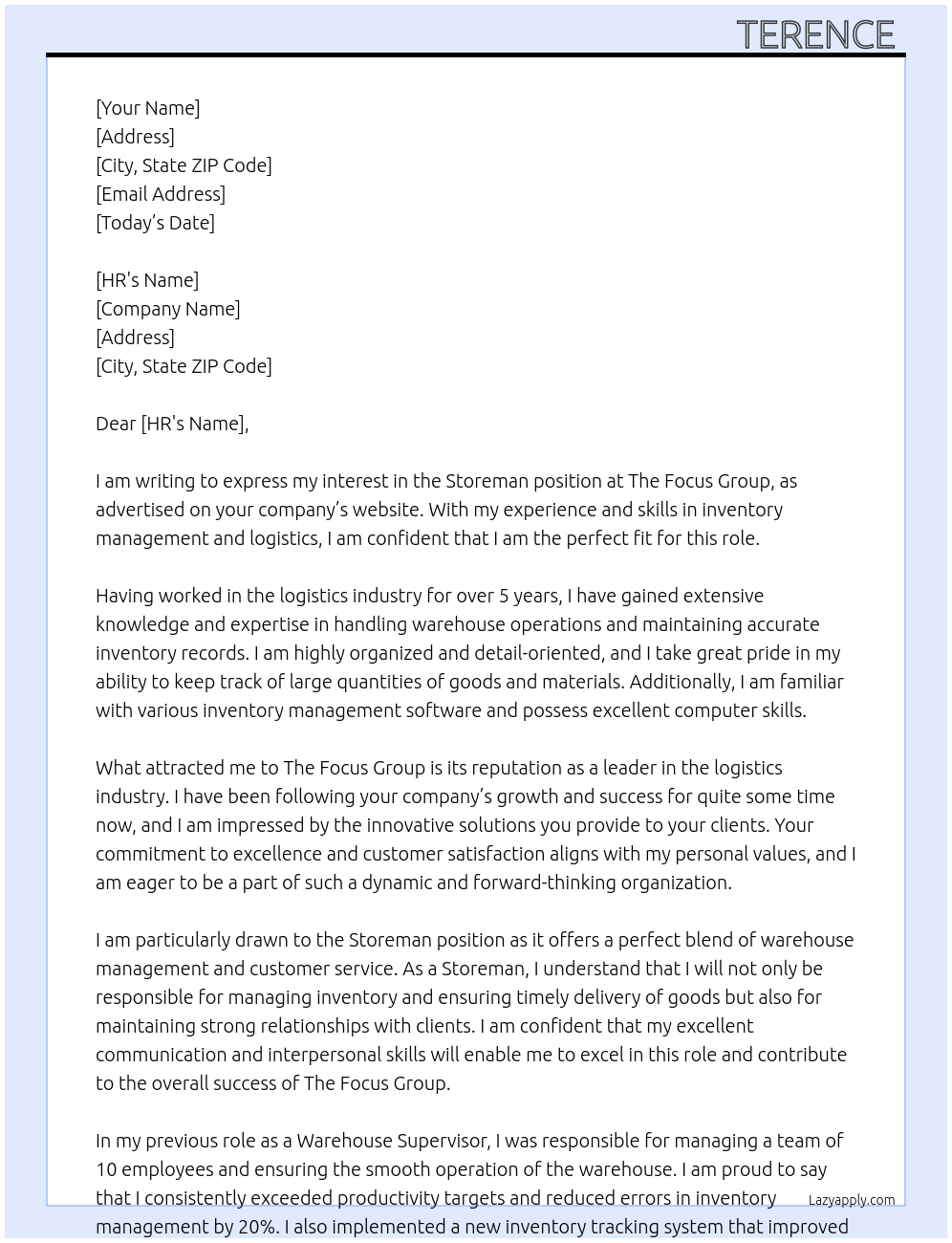 Storeman At The Focus Group Cover Letter