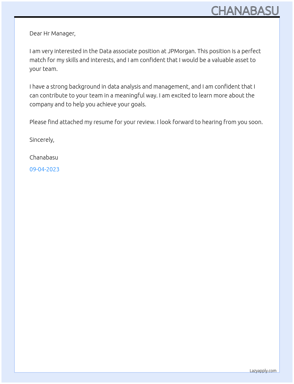 Data associate At JPMorgan Cover Letter