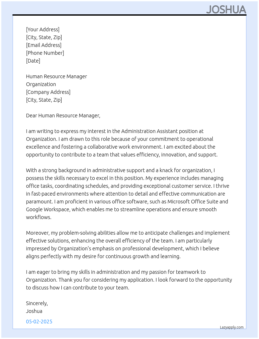 Administration Assistant At Organization Cover Letter