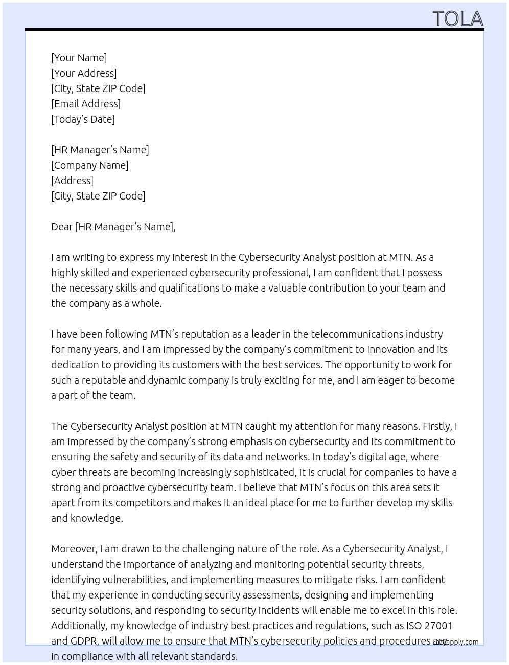 Cybersecurity Analyst At Mtn Cover Letter