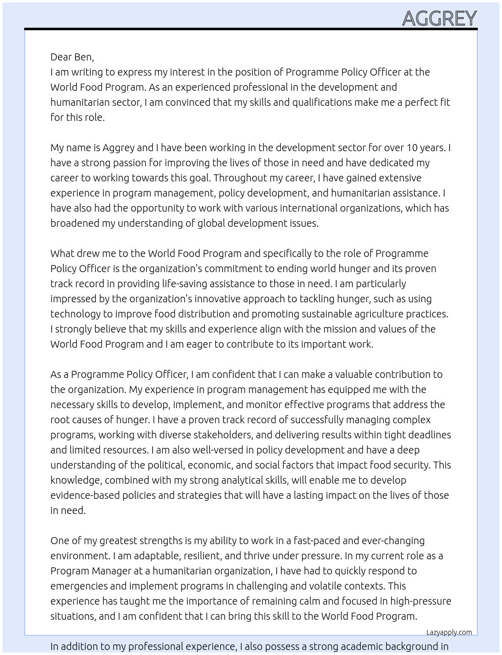 Programme Policy Officer At world food program  Cover Letter