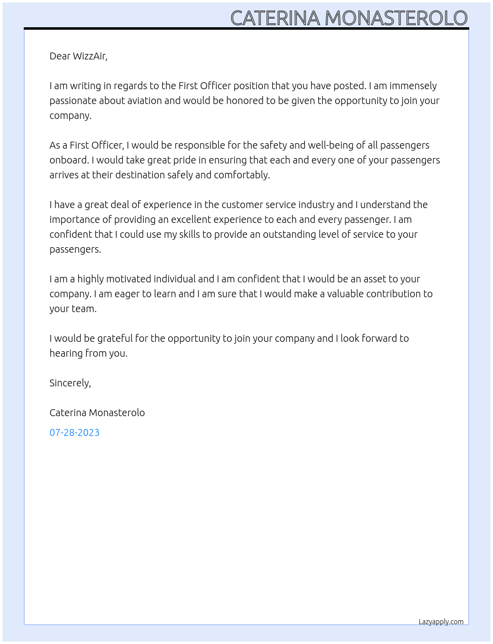 First Officer At WizzAir Cover Letter