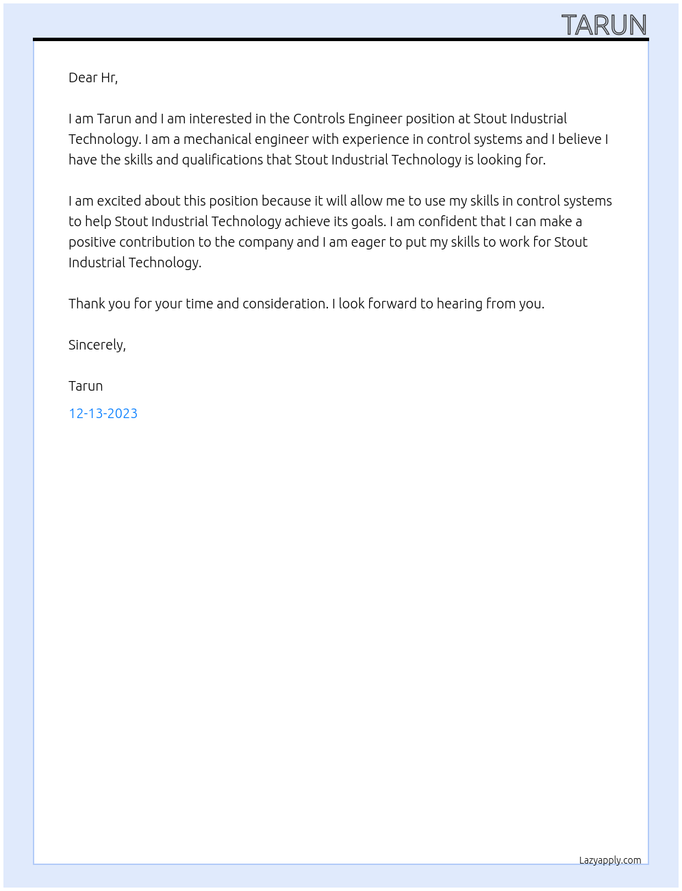 Controls Engineer At Stout Industrial Technology Cover Letter