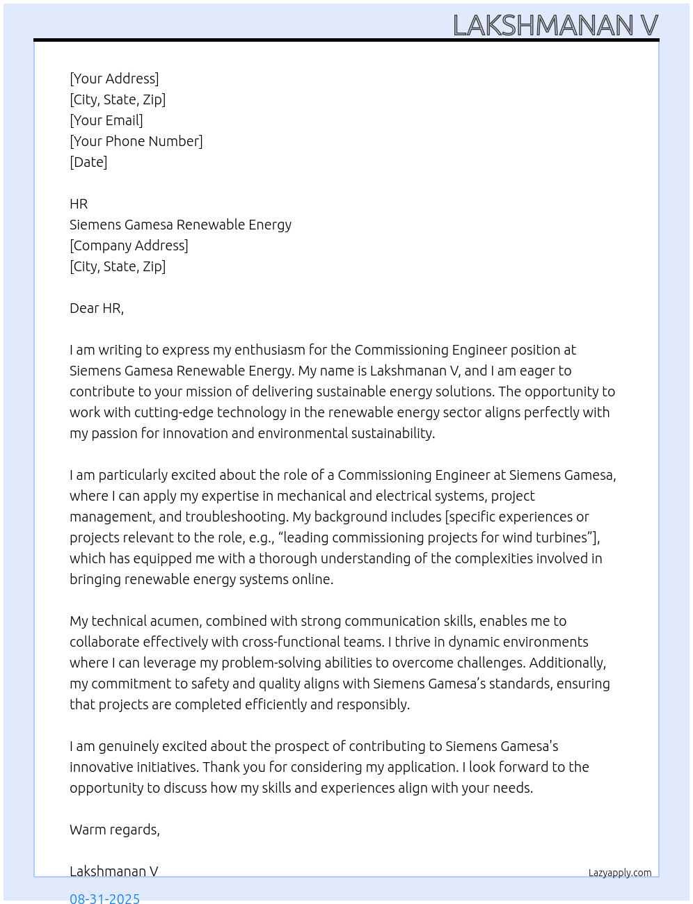 Cover letter for commissioning engineer - LazyApply