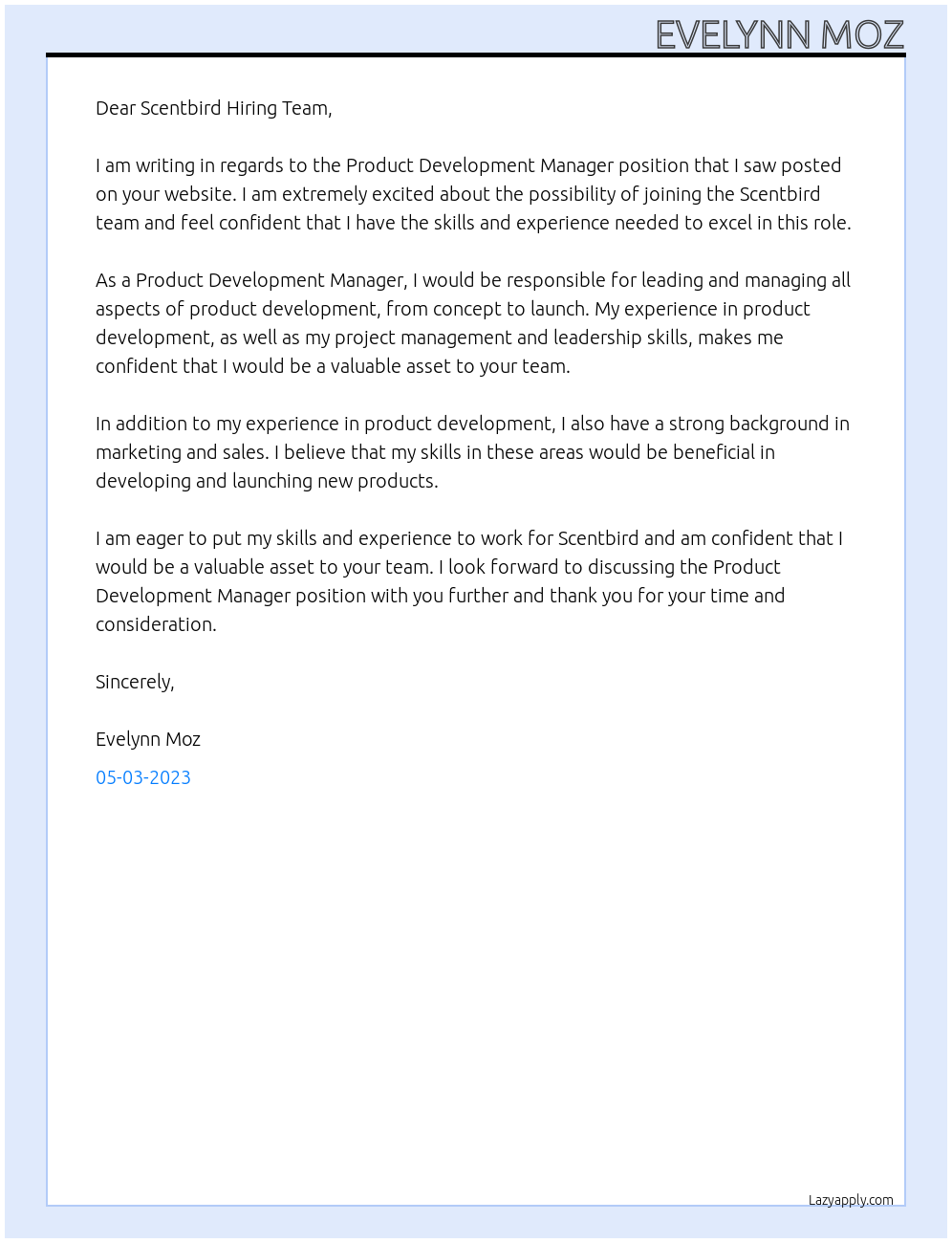 Product Development Manager At Scentbird Cover Letter