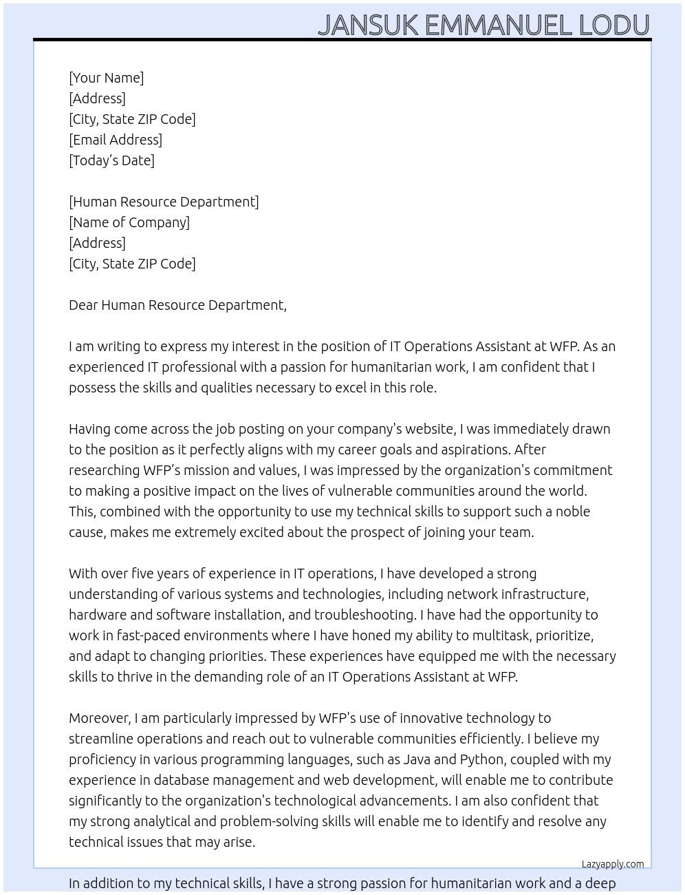 IT Operations Assistant At WFP Cover Letter