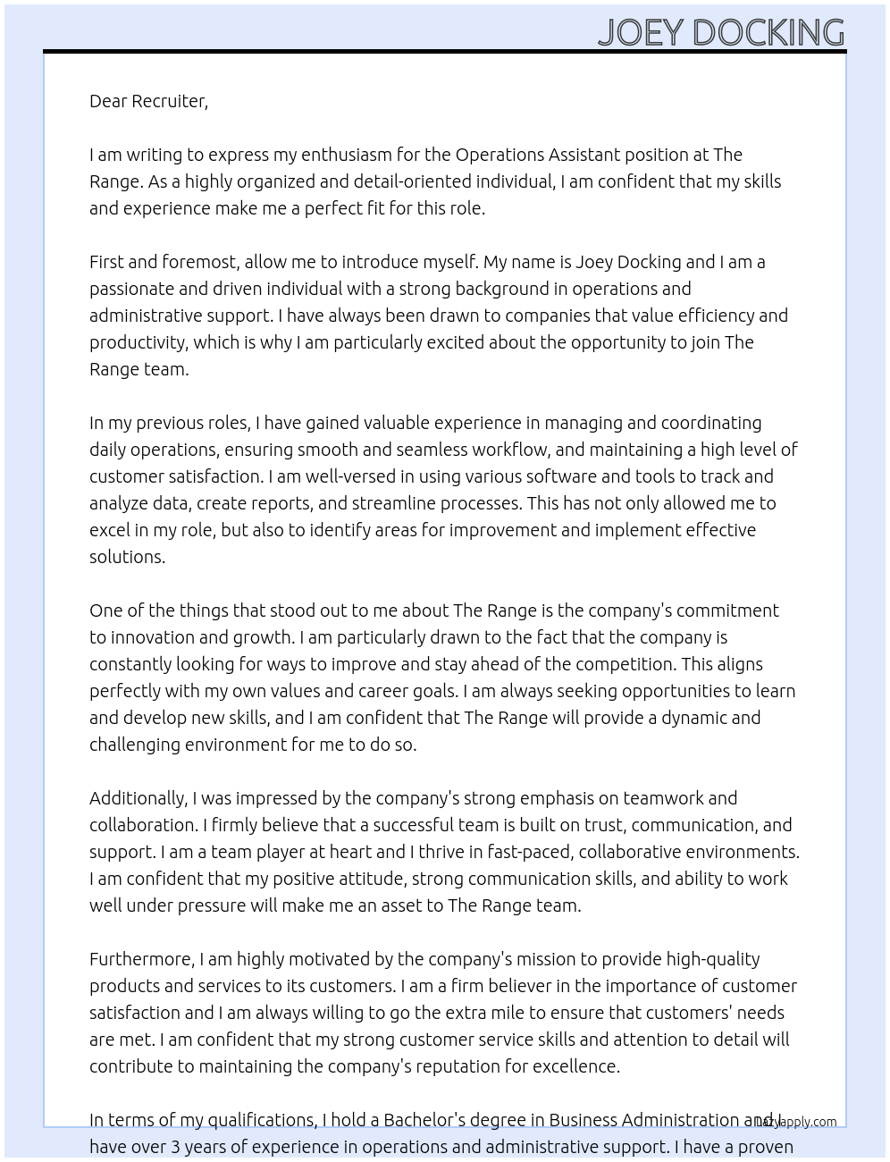 Operations Assistant At The Range Cover Letter