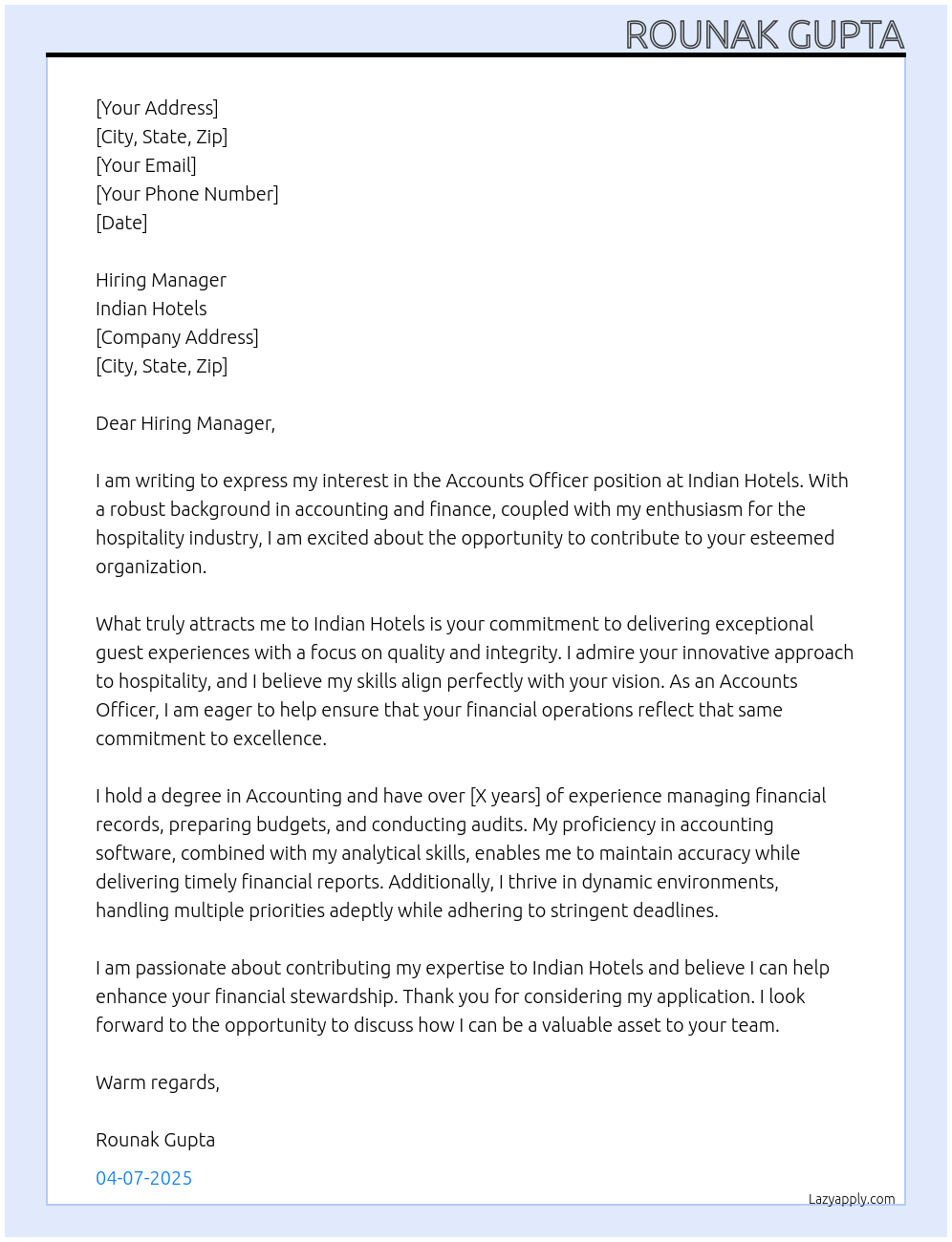 Accounts Officer At Indian Hotels Cover Letter