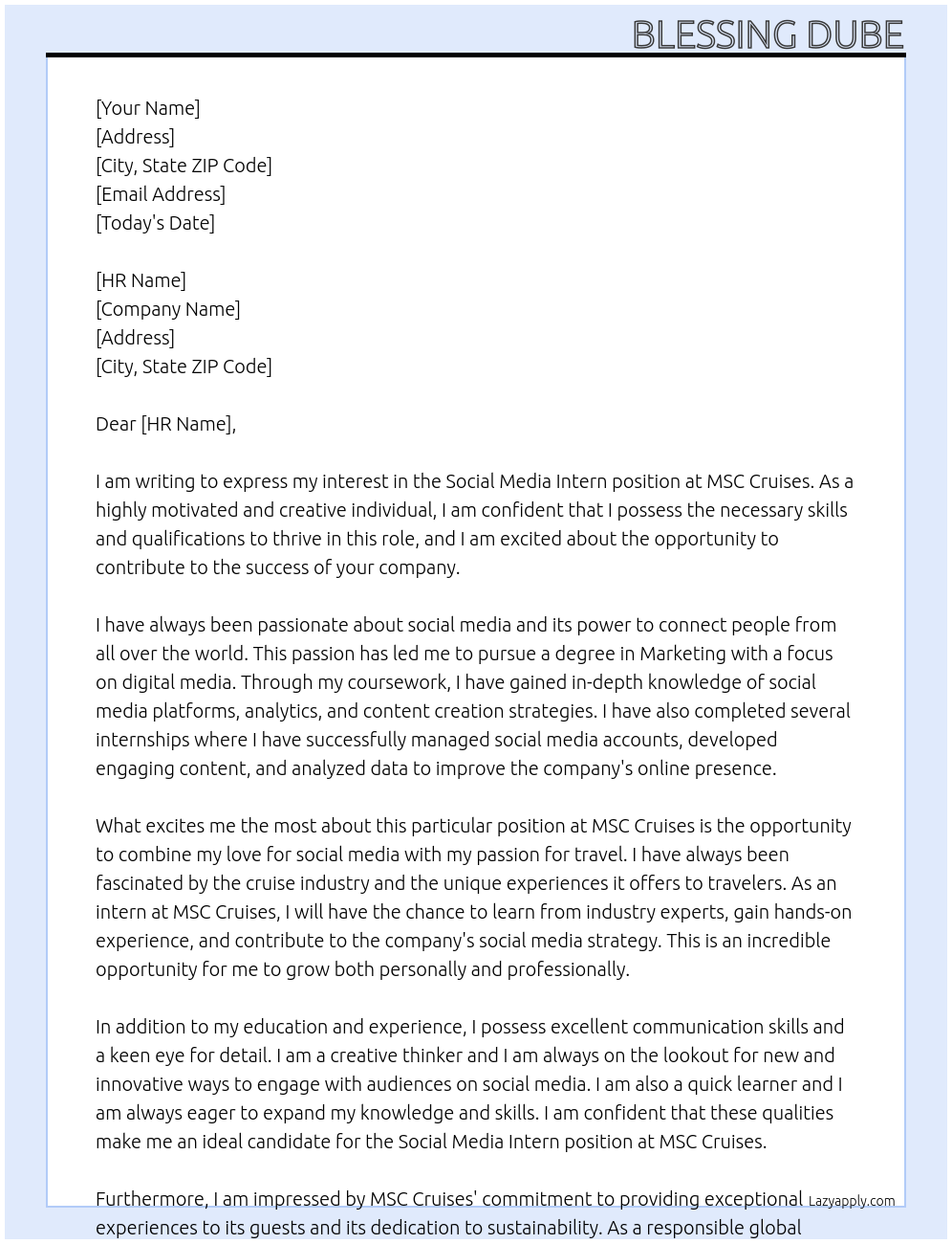 Social Media Intern At MSC Cruises Cover Letter