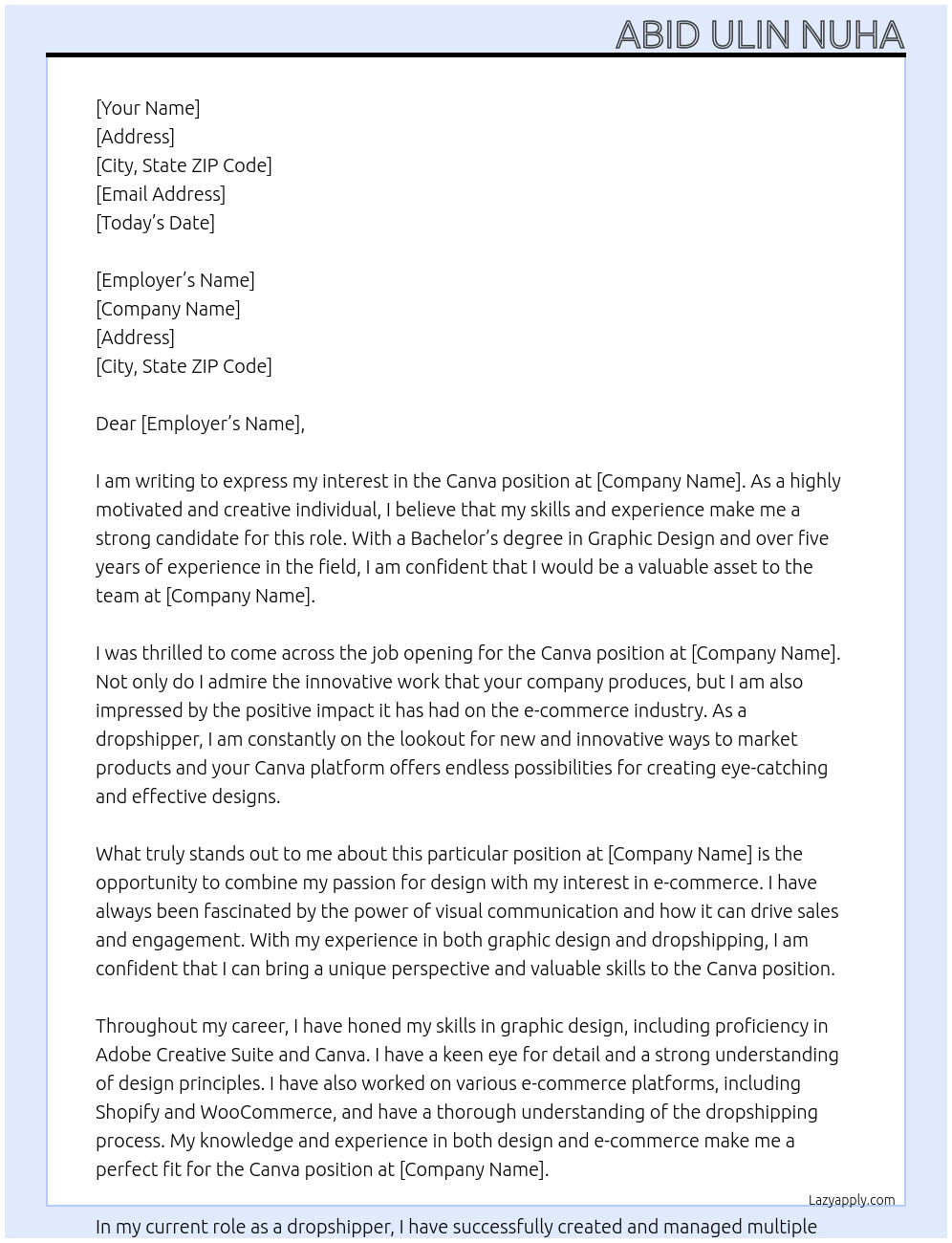 Canva At Dropshipper Cover Letter