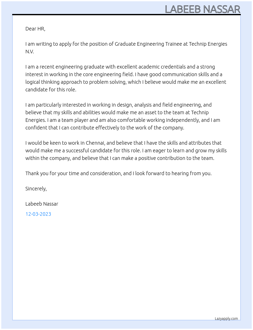 Graduate Engineering Trainee At Technip Energies N.V Cover Letter