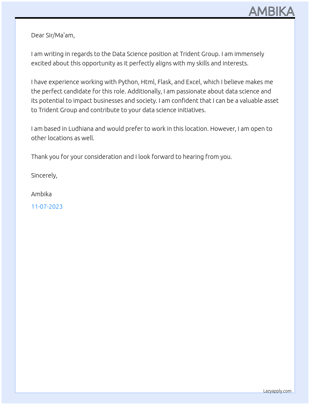 Data Science At Trident Group Cover Letter