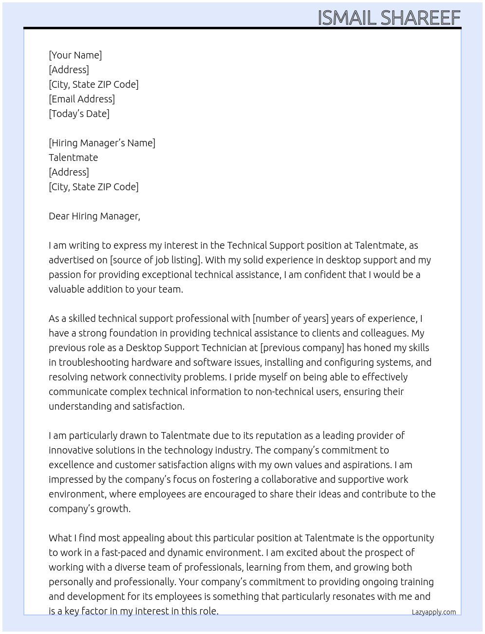 Technical support At Talentmate Cover Letter