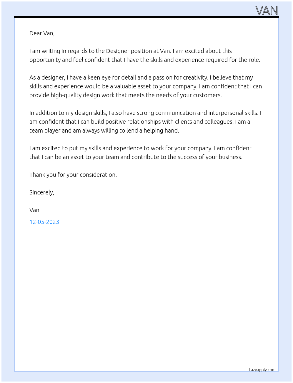 designer At Van Cover Letter